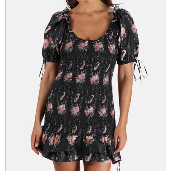 LOVESHACKFANCY Violett Dress Black Coffee M Floral Ruffle Silk Party Mini Date - Picture 2 of 14